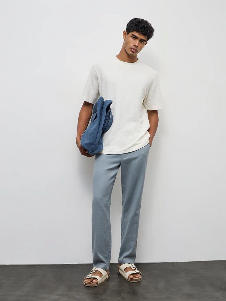 ETA Light Teal Textured Relaxed-Fit Mid-Rise Cotton Chinos