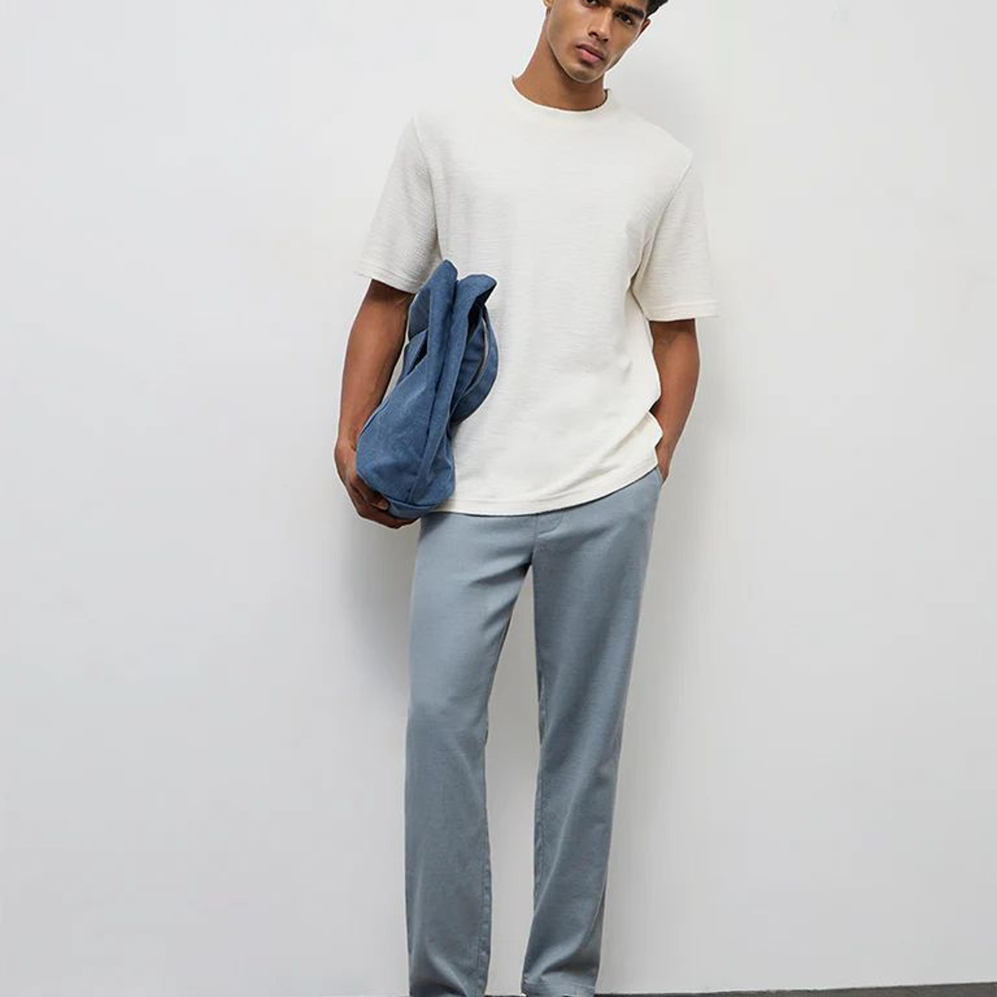 ETA Light Teal Textured Relaxed-Fit Mid-Rise Cotton Chinos