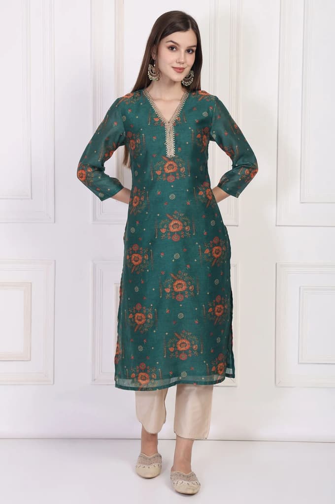 Teal Floral Printed Embellished Straight Silk Kurta — photo 2