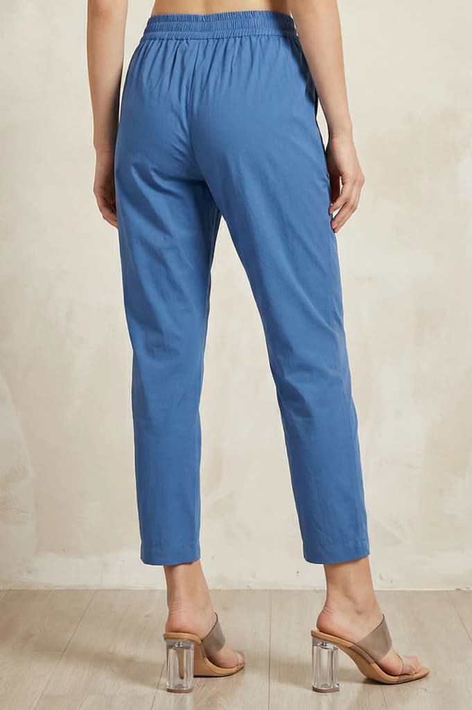 Blue Solid Pure Cotton Straight Fit Pants — photo 4