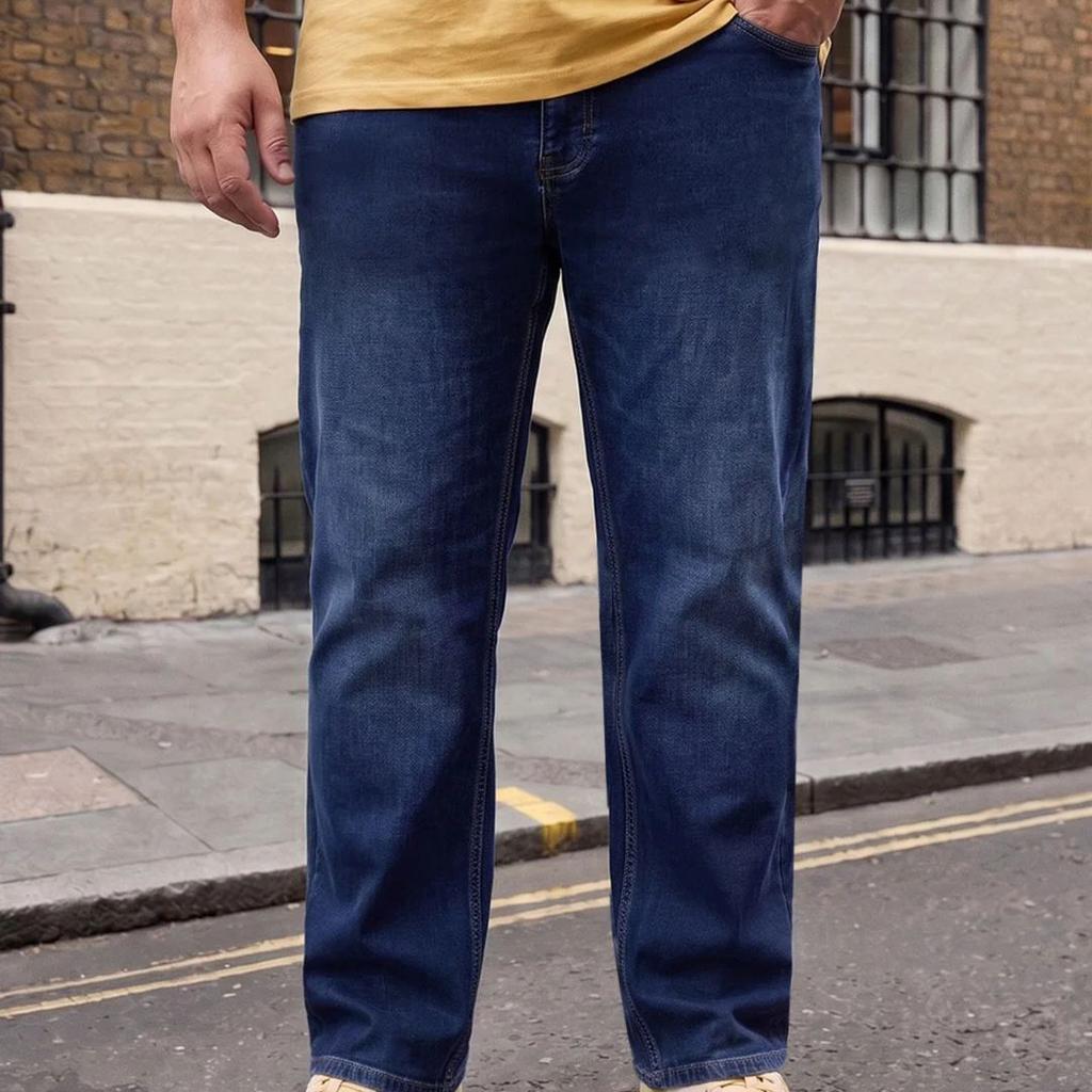 Plus Men's Dark Blue Relaxed Fit Washed Denim Jeans Non-Stretchable