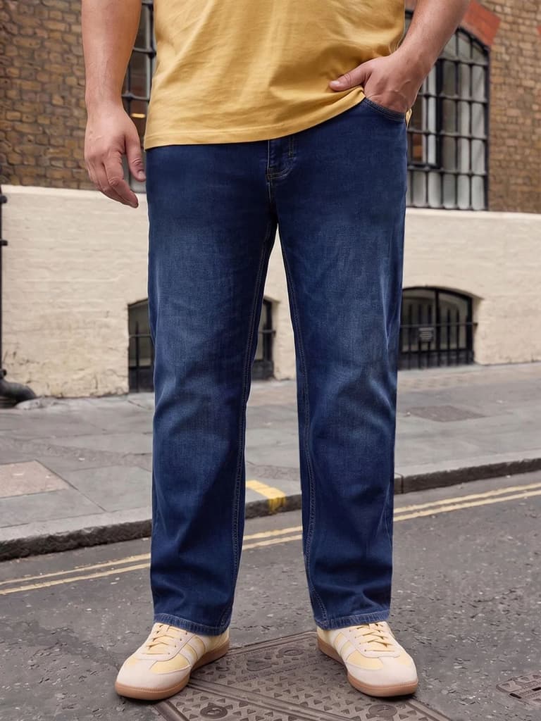 Plus Men's Dark Blue Relaxed Fit Washed Denim Jeans Non-Stretchable — 36 / Dark Blue