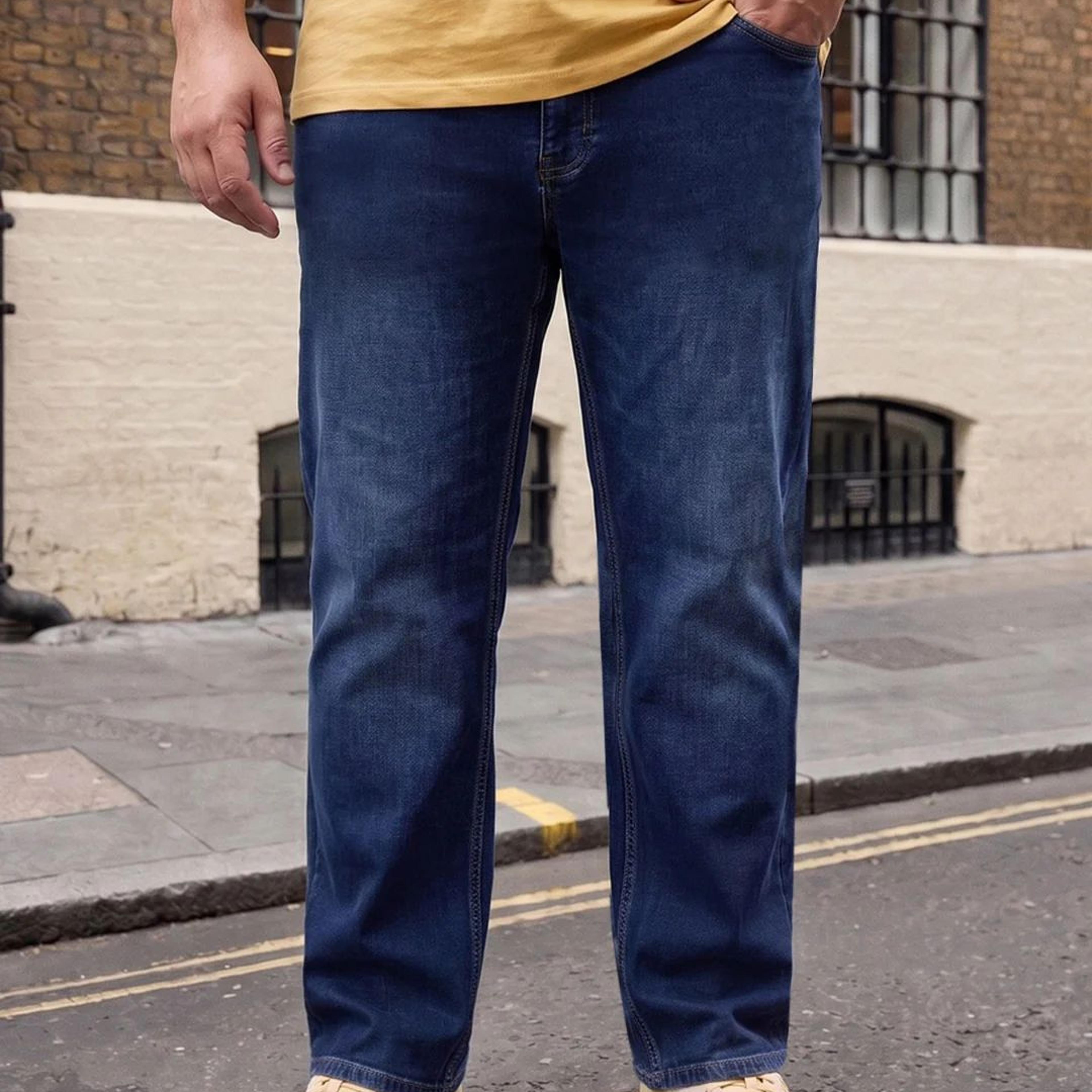 Plus Men's Dark Blue Relaxed Fit Washed Denim Jeans Non-Stretchable