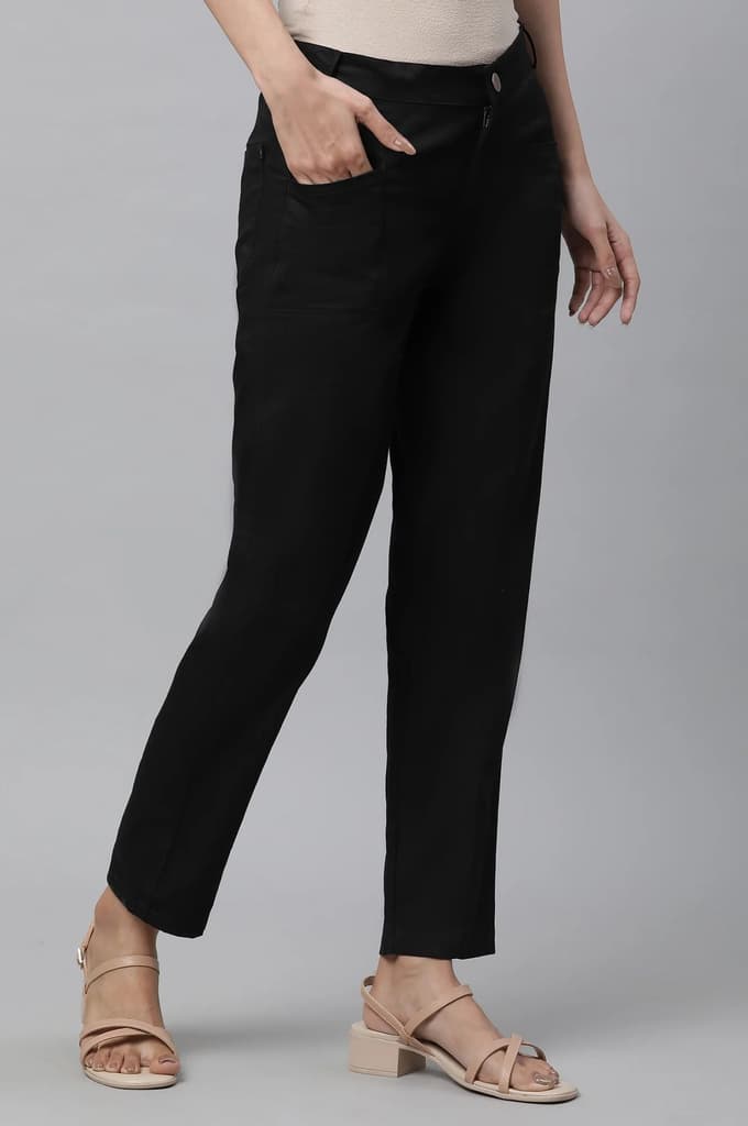 Black Solid Straight Fit Cotton Pants With Elasticated Back — photo 4
