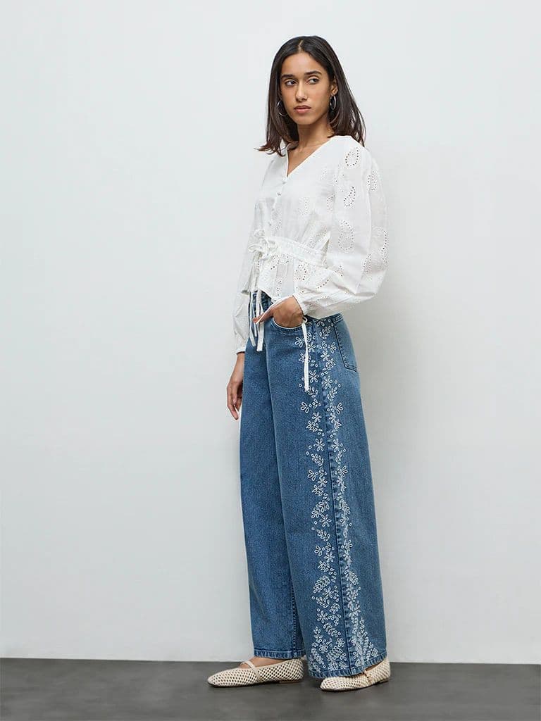 LOV Off-White Paisley Embroidered Cotton Blouse — photo 2