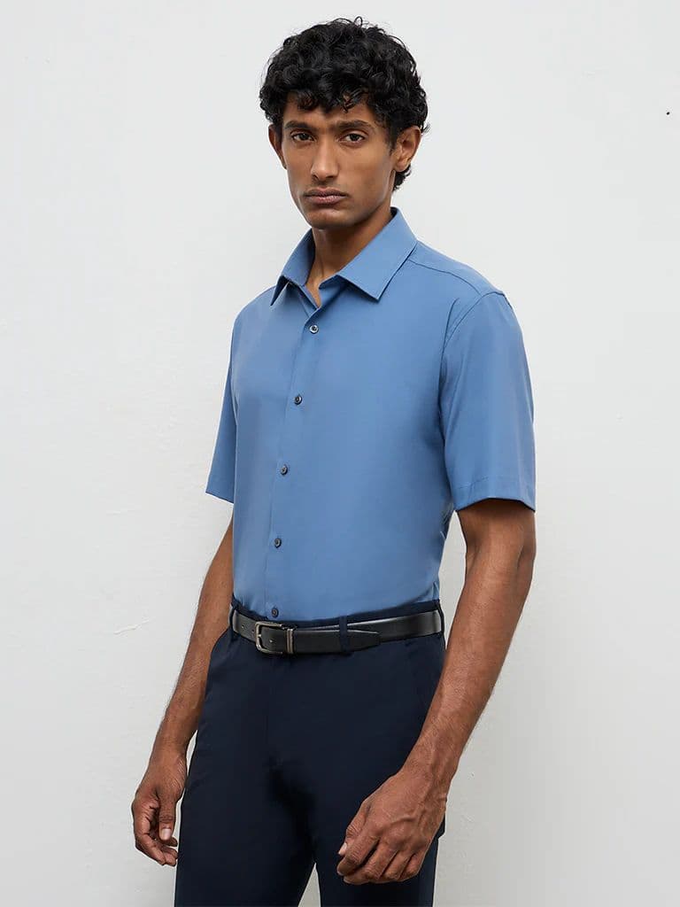 WES Formals Dusty Blue Slim-Fit Shirt