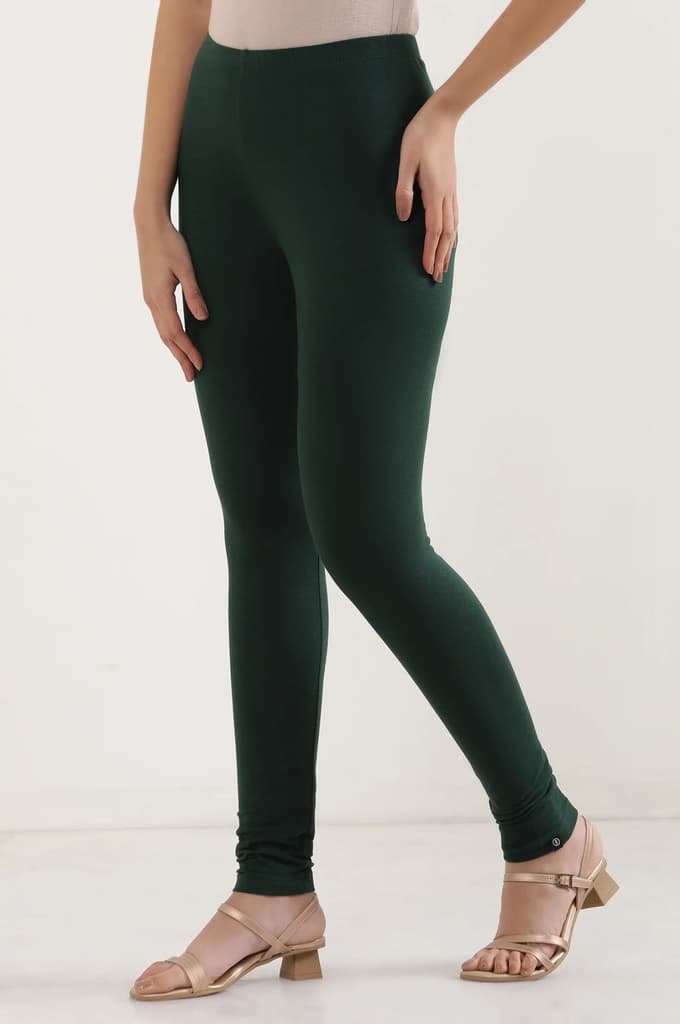 Green Solid Skinny Fit Cotton Tights With Elasticated Waist — photo 2