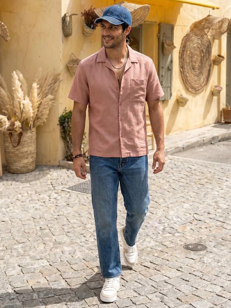 Men's Dusty Pink Linen Half Sleeve Oversized Fit Shirt with Cuban Collar — photo 4