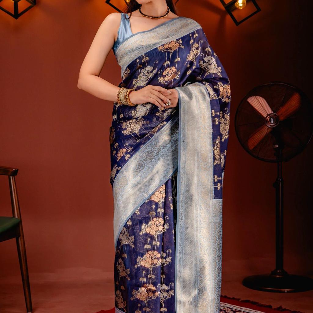 Mimosa Women's Woven Design Kanjivaram Style Art Silk Saree With Blouse Piece : SA00001736NVFREE