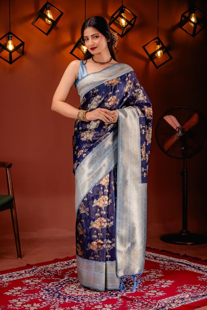 Mimosa Women's Woven Design Kanjivaram Style Art Silk Saree With Blouse Piece : SA00001736NVFREE — Navy