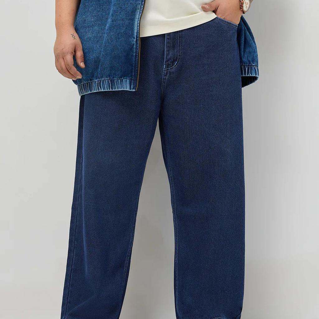 Plus Men's Blue Loose Baggy Fit Raw Washed Denim Jeans Non-Stretchable