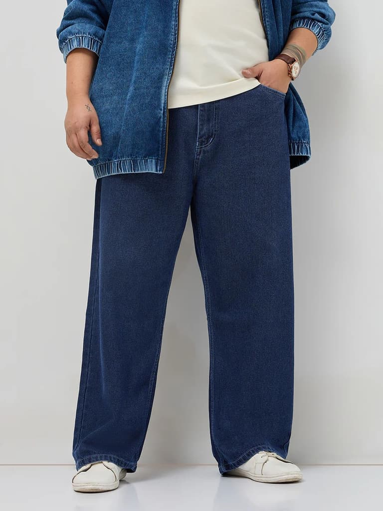 Plus Men's Blue Loose Baggy Fit Raw Washed Denim Jeans Non-Stretchable — 36 / Blue