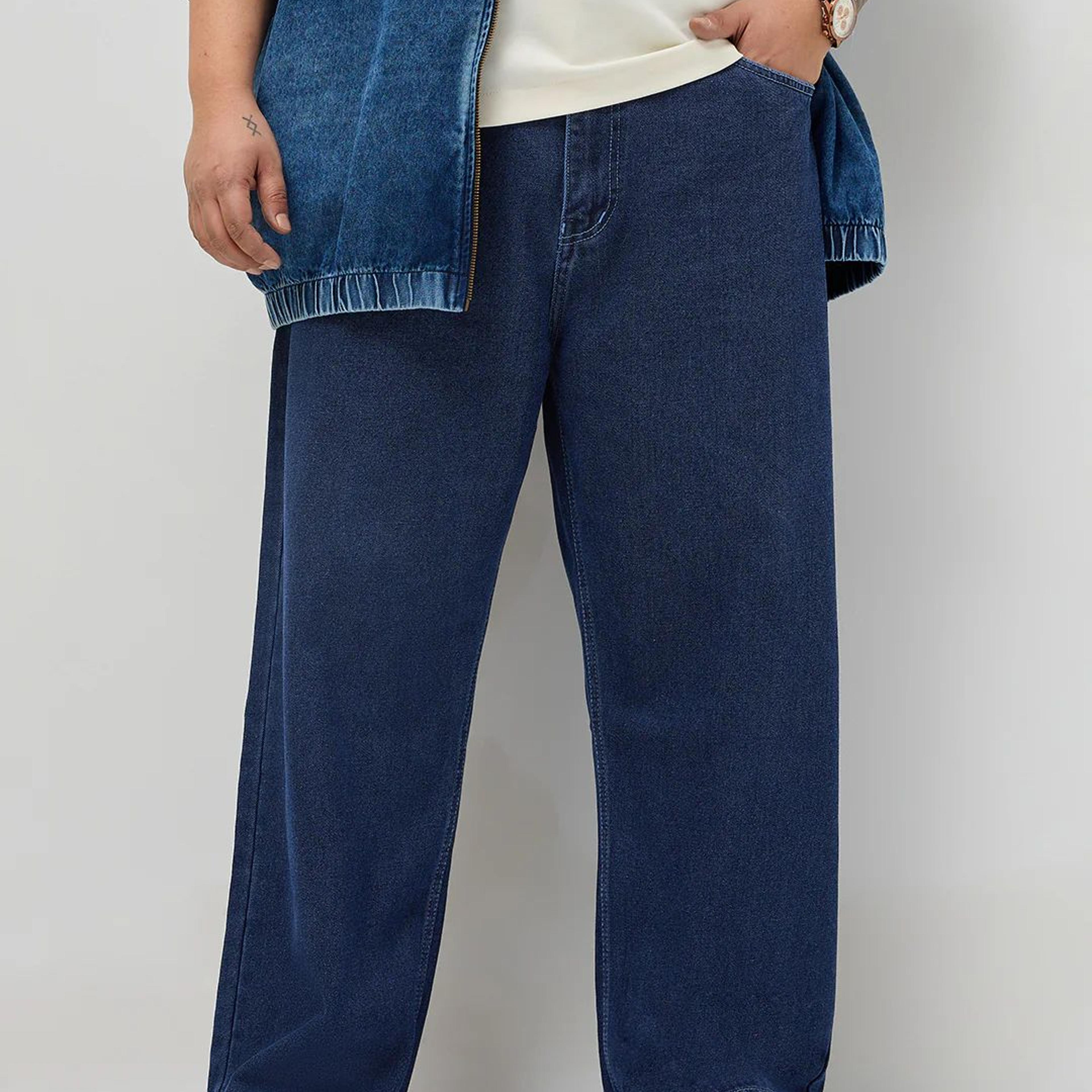 Plus Men's Blue Loose Baggy Fit Raw Washed Denim Jeans Non-Stretchable