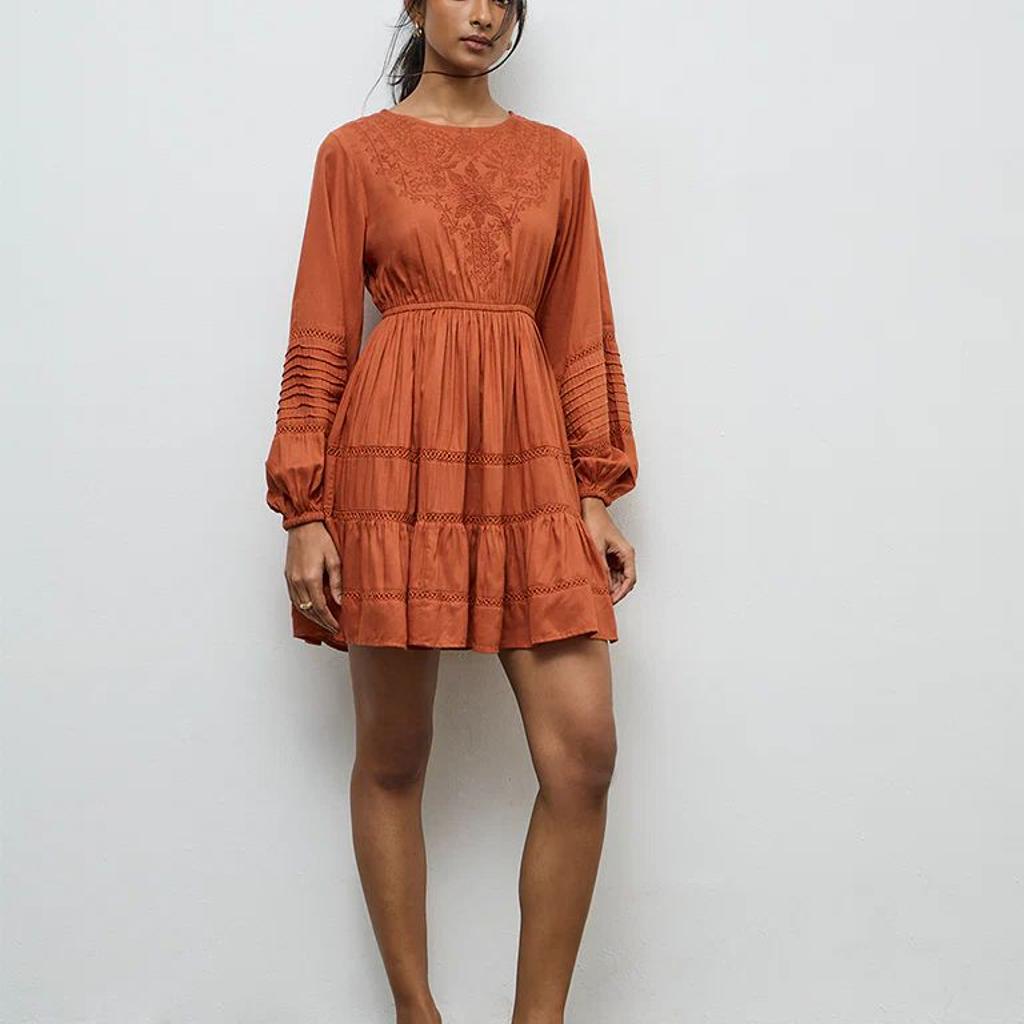 LOV Rust Floral Embroidered Tiered Dress