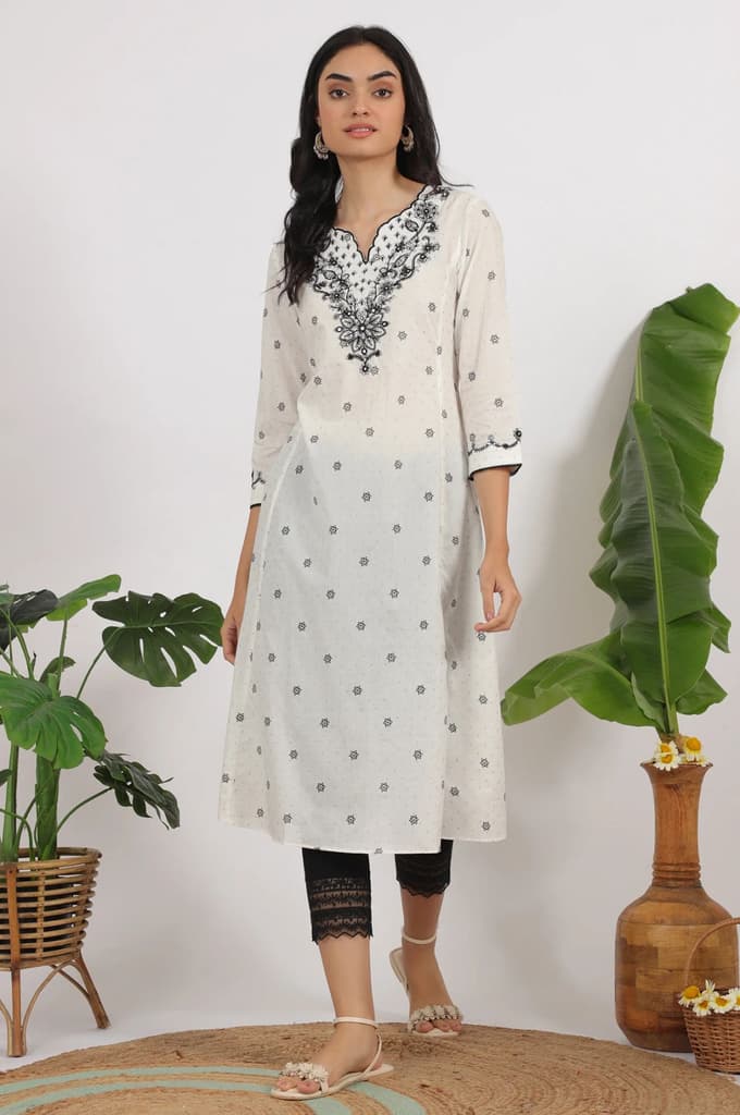 White Printed Cotton Lurex Dobby Flared Kurta with Embroidered Yoke — photo 2