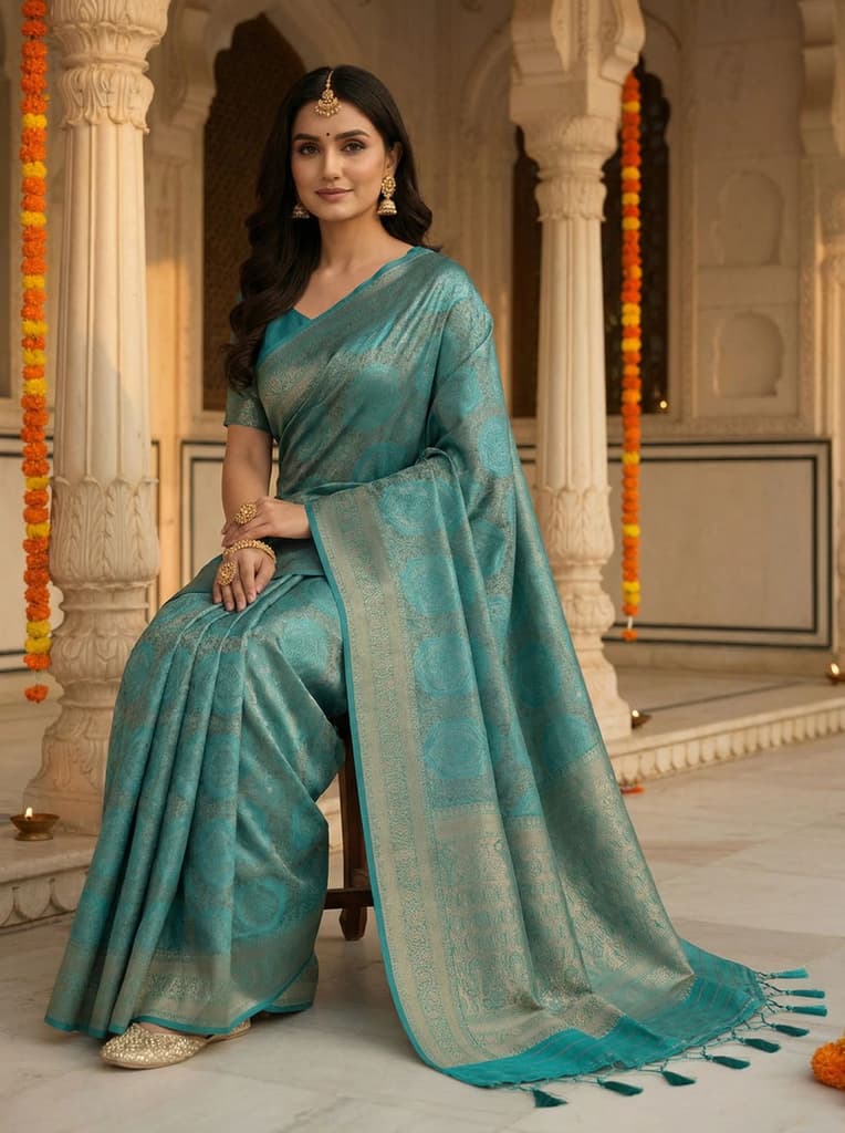 MIMOSA Women's Woven Design Kanjivaram Style Art Silk Saree with Blouse Piece - Saffire ( SA00002246SFFREE ) — photo 4