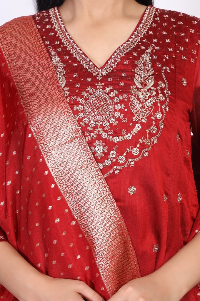 Red Embellished Flared Kurta with Sharara and Dupatta Set — photo 3