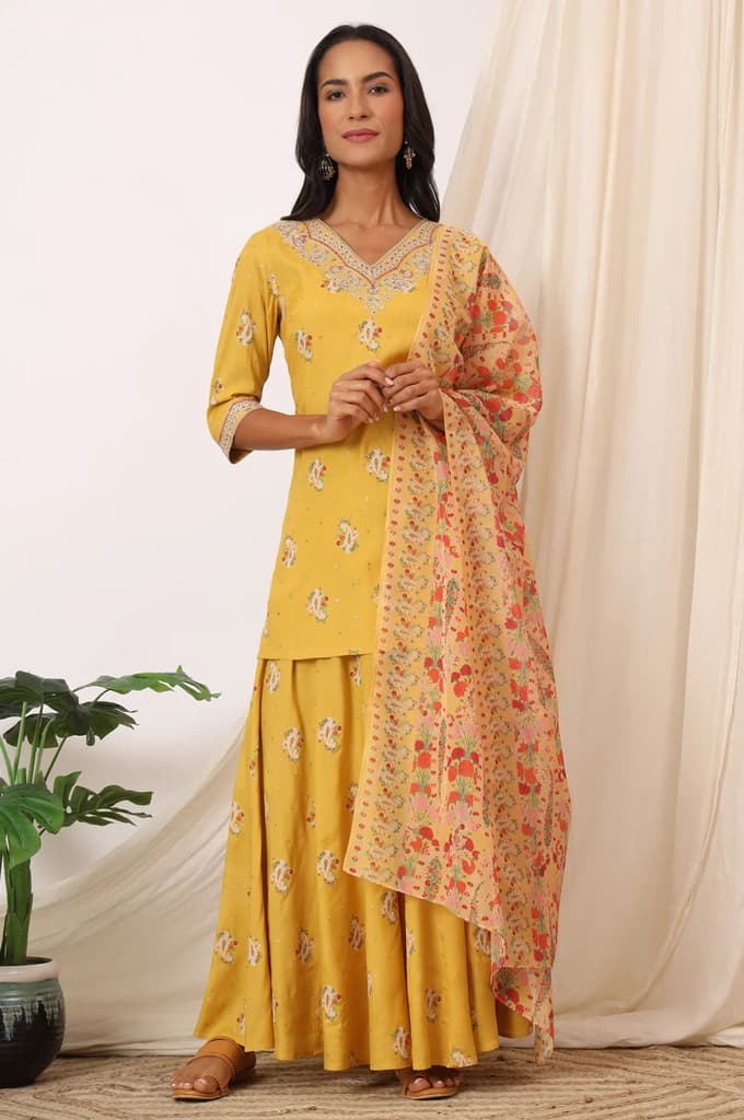 Mustard Yellow Printed Short Shantung Kurti, Culottes and Dupatta Set — photo 3
