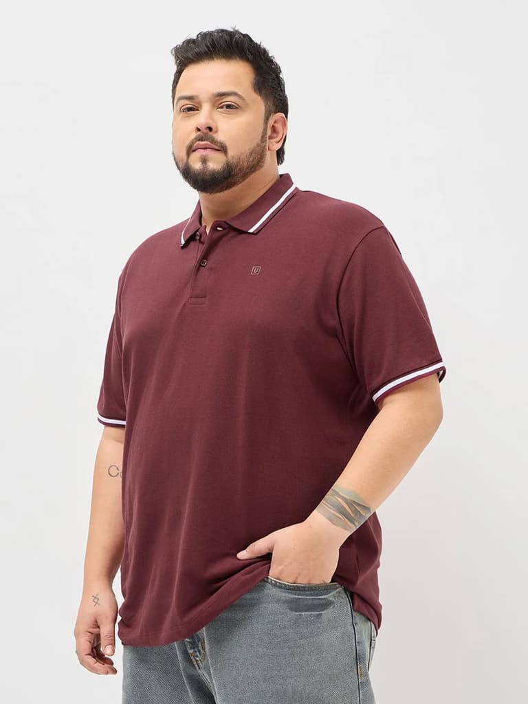 Plus Men's Maroon Solid Regular Fit Half Sleeve Cotton Polo T-Shirt — photo 2