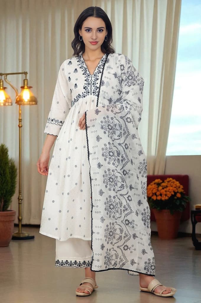 White Printed Thread Embroidered Chanderi Kurta, Pants and Kota Dupatta