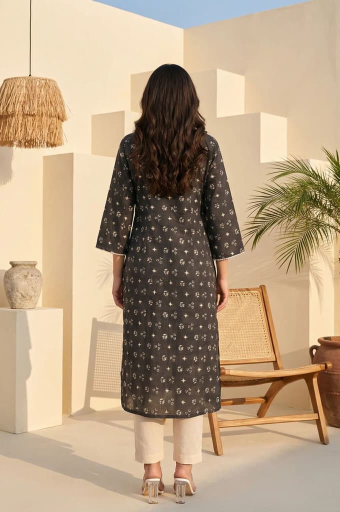 Charcoal Geometric Printed Lace Pure Cotton A-line Kurta — photo 4