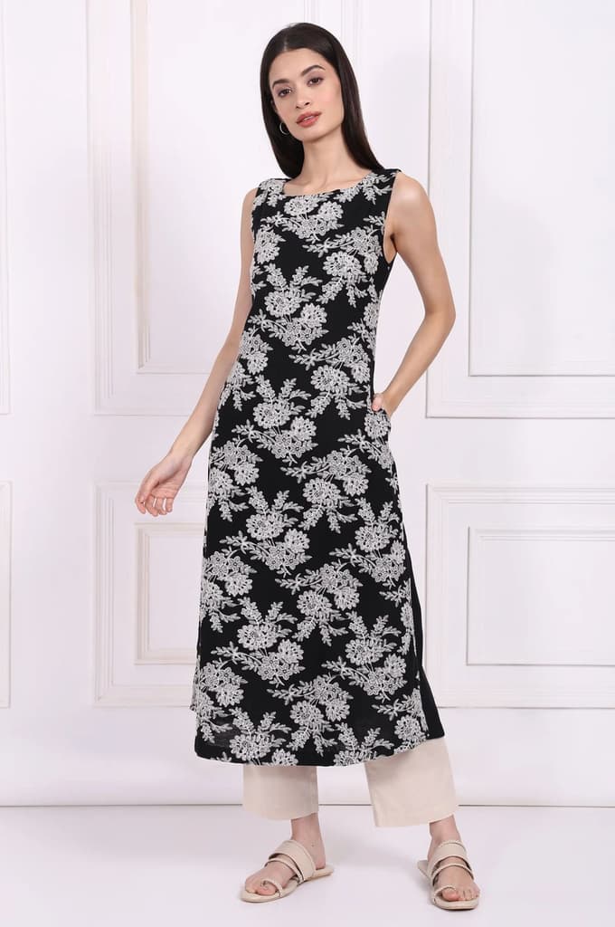 Black Embroidered A-Line Rayon Dress — photo 2