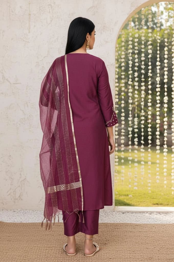 Wine Embroidered Straight Silk Blend Kurta with Straight Pant and Dupatta Set — photo 5