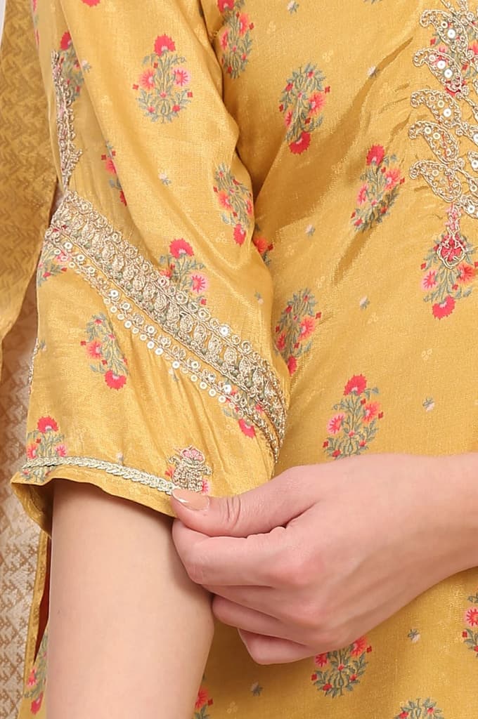 Yellow Embroidered Straight Shantung Kurta with Sharara and Dupatta Set — photo 7