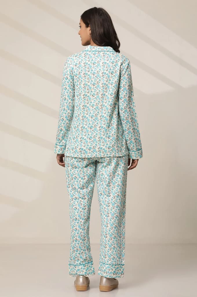 White and Blue Floral Printed Top and Palazzo lounge Wear Set — photo 4