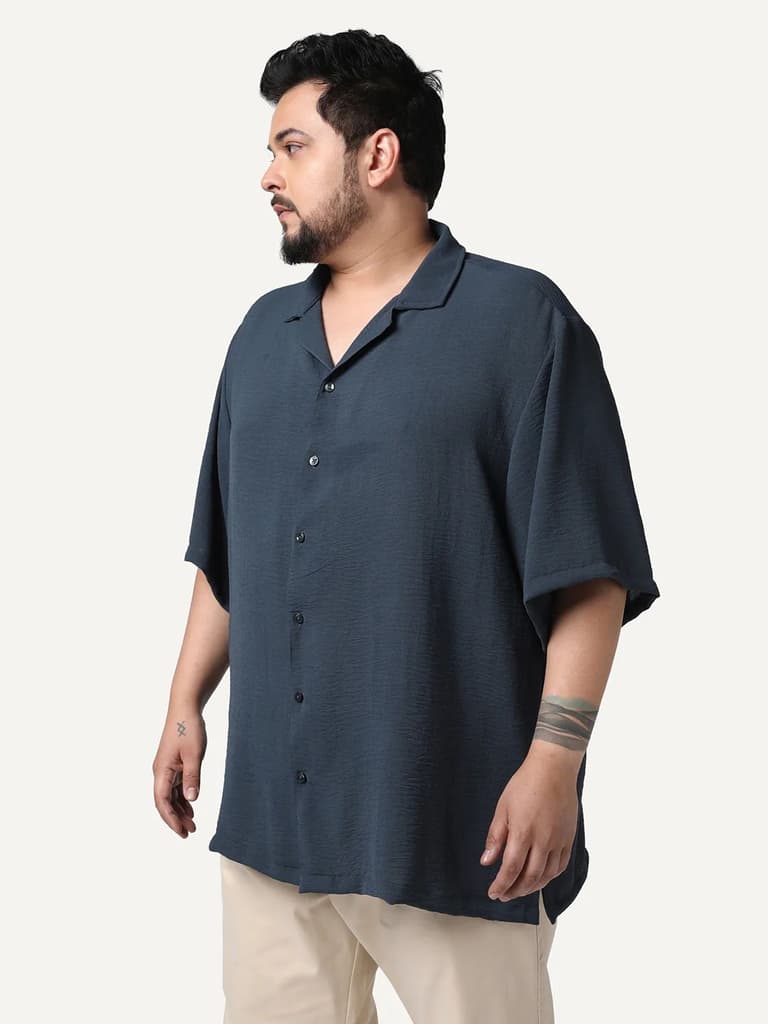 Plus Men's Steel Cotton Half Sleeve Relaxed Fit Textured Shirt with Cuban Collar — photo 2