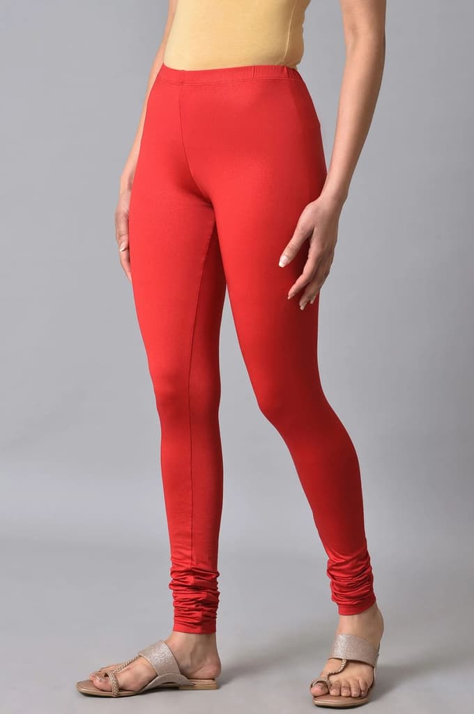 Red Solid Skinny Fit Cotton Churidar With Elasticated Waistband — photo 3