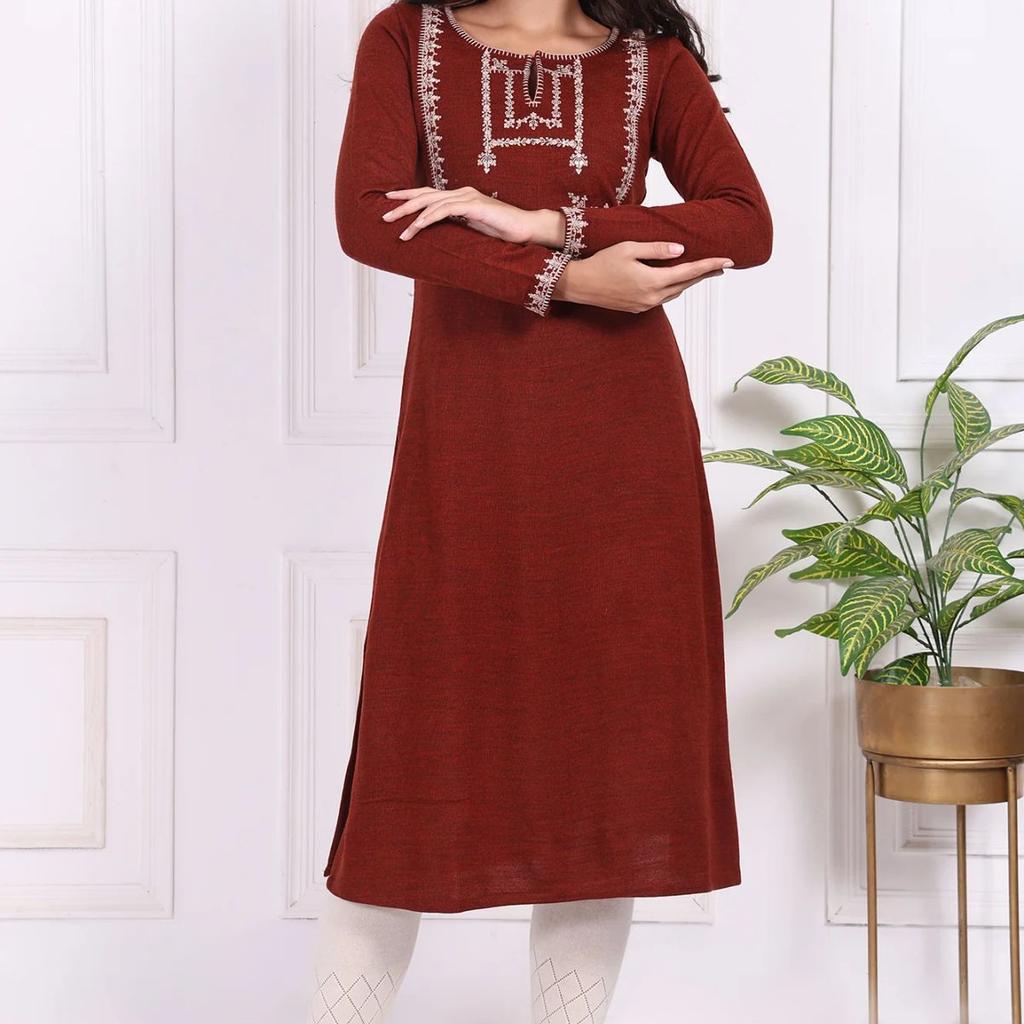 Rust Embroidered Straight Acrylic Kurta