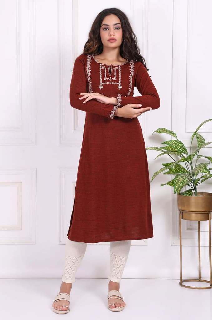 Rust Embroidered Straight Acrylic Kurta — XS