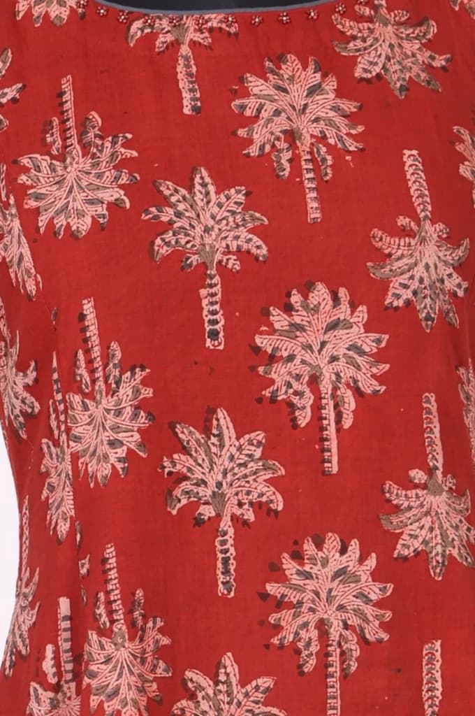 Red Floral Printed Pure Cotton A-line Dress — photo 2