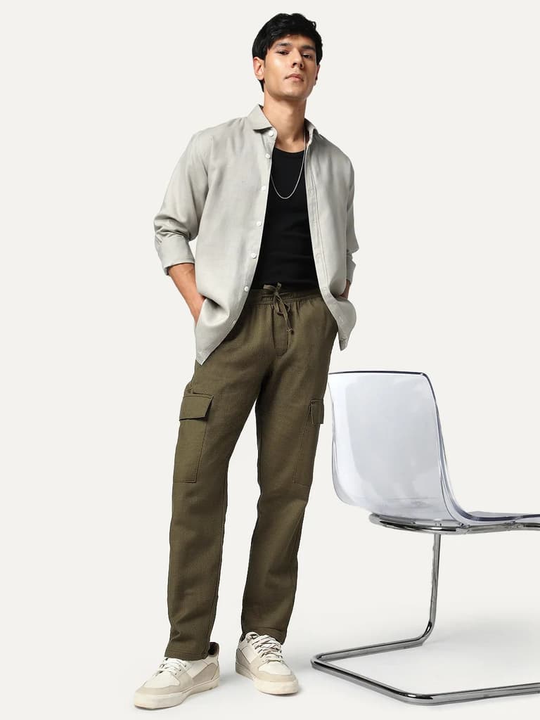 Men's Olive Straight Fit Linen Cargo Pants with 6 Pockets — photo 4
