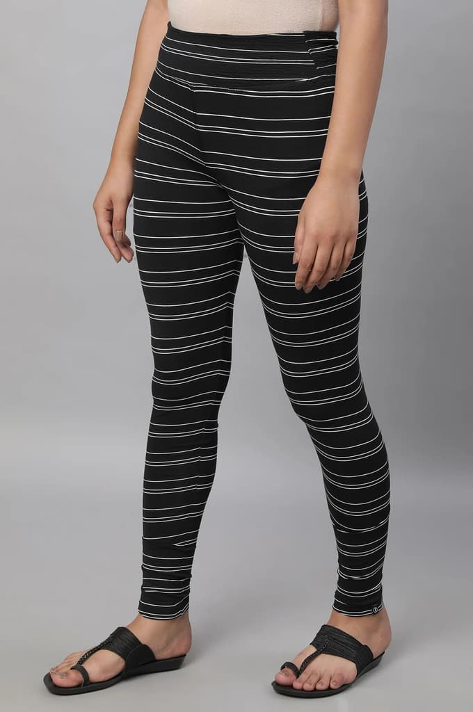Black Striped Skinny Fit Cotton Tights With High Waistband — photo 3