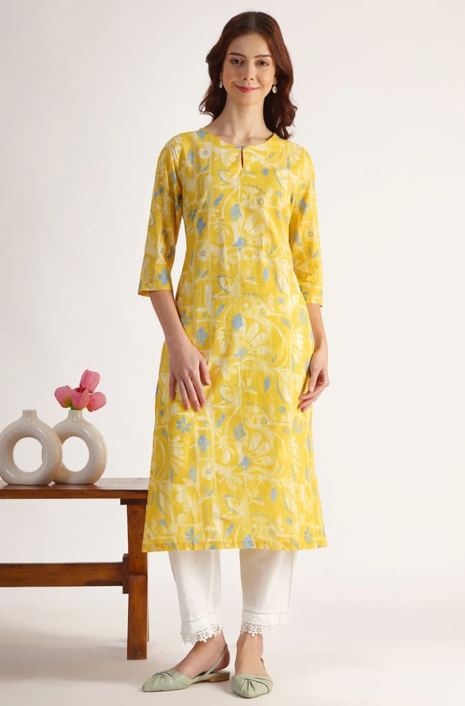 Yellow Floral Printed Straight Pure Cotton Kurta — photo 3