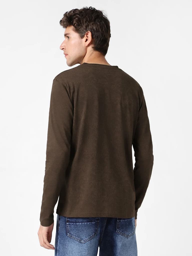 Men's Chicory Coffee Printed Full Sleeve Slim Fit Cotton T-Shirt — photo 4