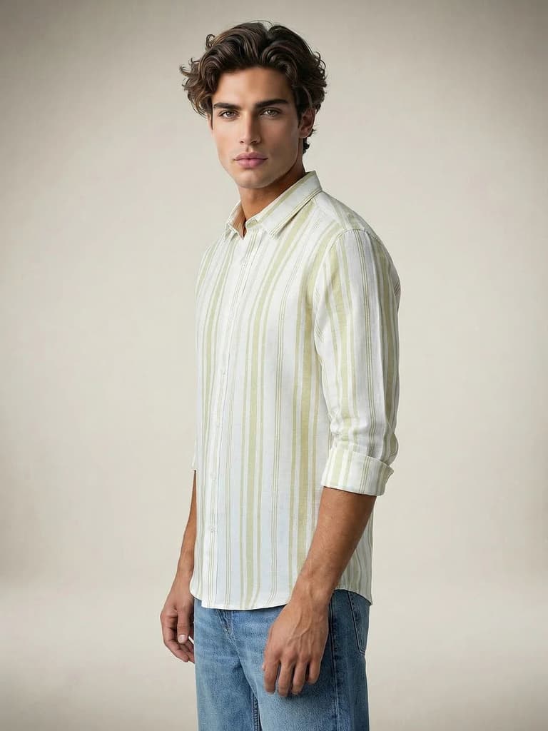 Men's Light Green Cotton Full Sleeve Relaxed Fit Linen Striped Shirt with Spread Collar — photo 2