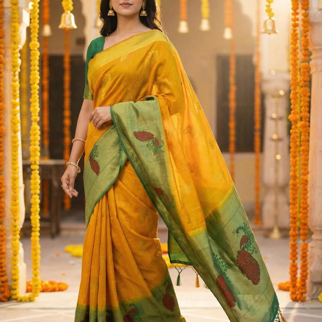 MIMOSA Women's Woven Design Paithani Style Raw Silk Saree with Blouse Piece - Mustard ( SA00003156MSFREE )