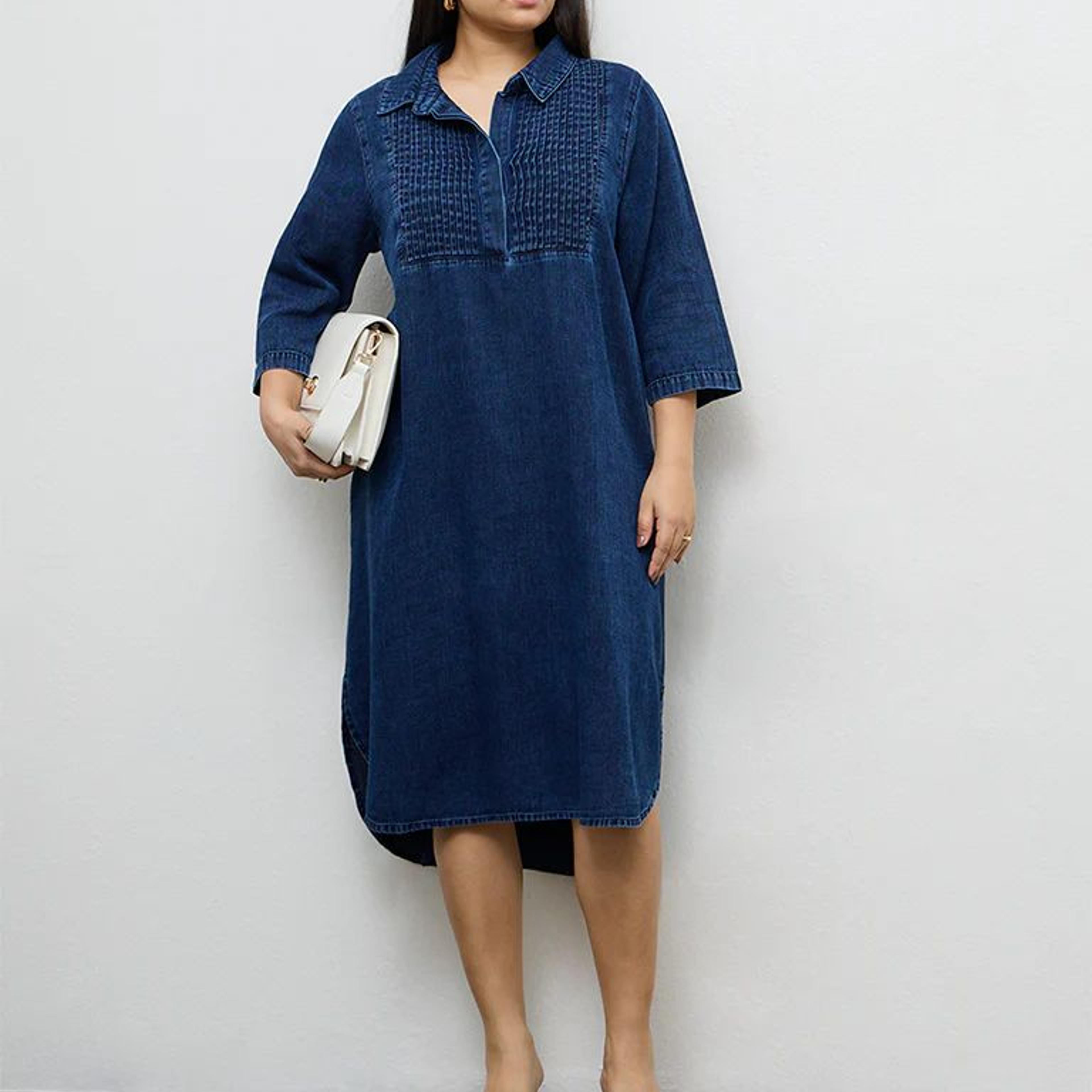 Gia Dark Blue Pintuck Denim A-Line Dress