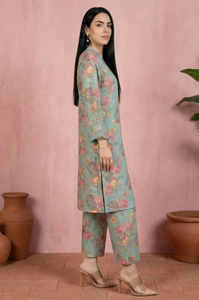Sea Green Floral Printed Straight Kurta with Flared Pants and Dupatta Set — photo 5