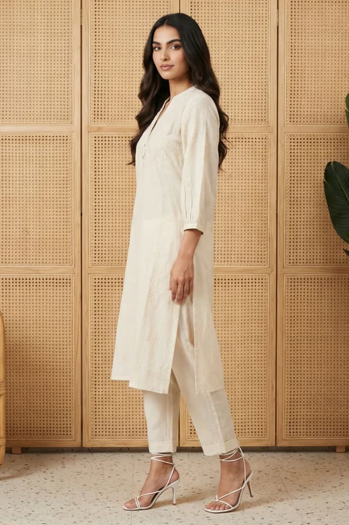 Off White Embroidered Rayon Straight Kurta and Pants Set — photo 4