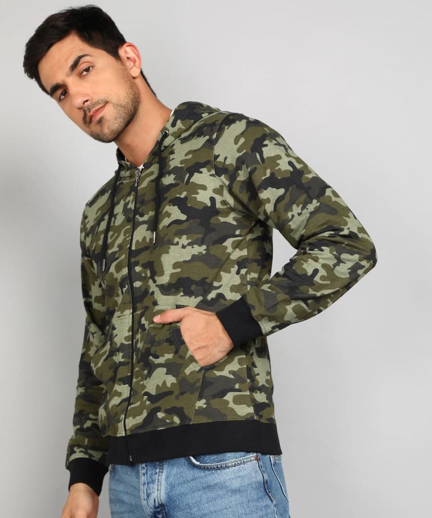 Men's Khaki Green Regular Fit Camouflage Printed Full Sleeve Casual Hooded Sweatshirt — photo 2
