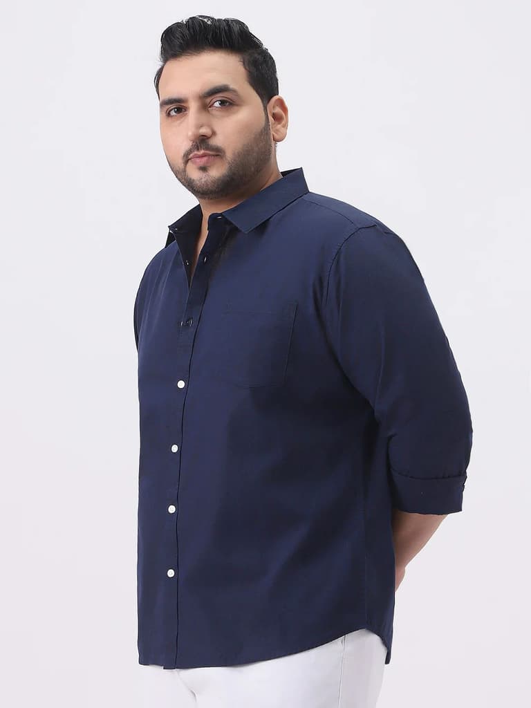 Plus Men's Navy Cotton Full Sleeve Regular Fit Casual Solid Slub Shirt with Spread Collar — photo 2