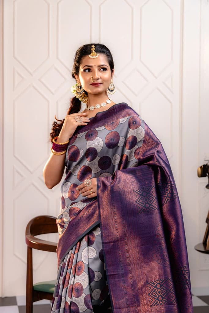 Mimosa Women's Woven Design Kanjivaram Style Art Silk Saree With Blouse Piece : SA00001789GYFREE — photo 2