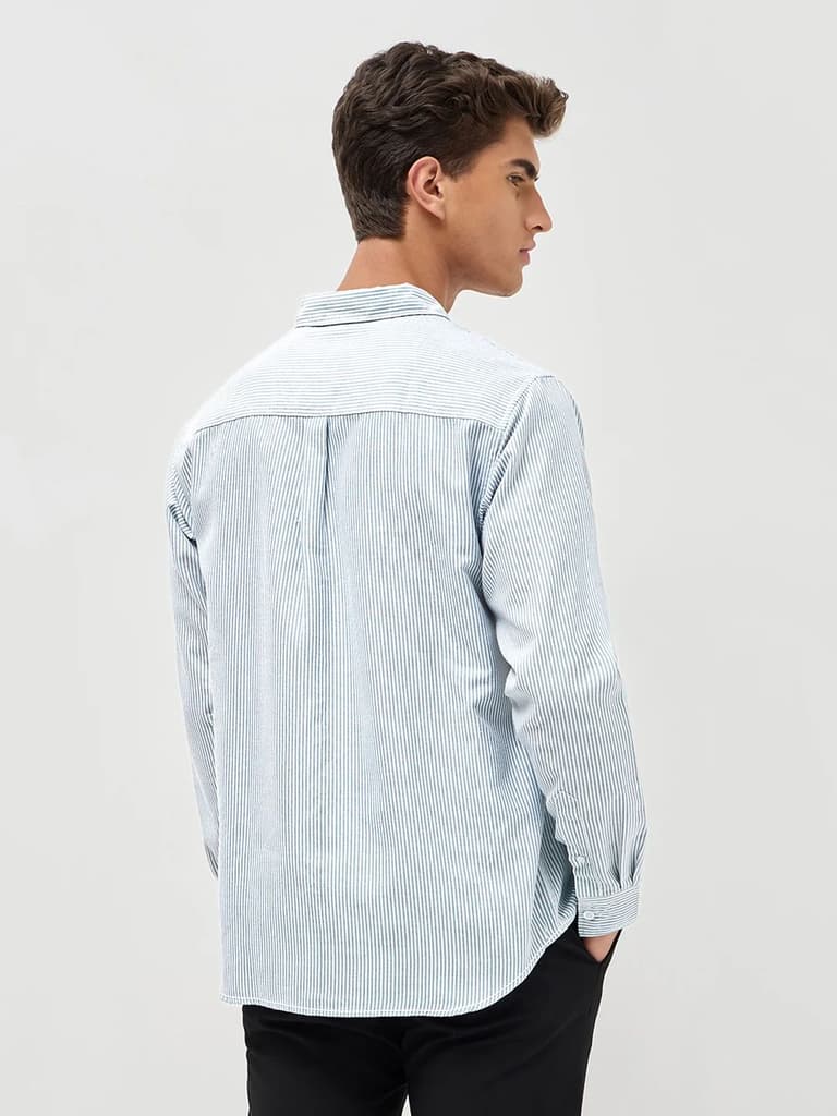 Men's Light Blue Cotton Full Sleeve Regular Fit Casual Striped Shirt — photo 4
