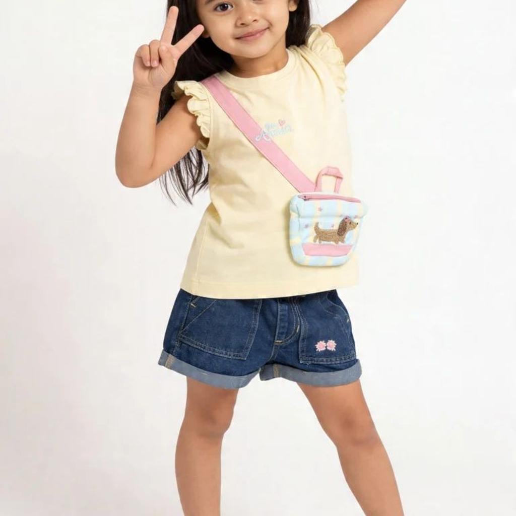 HOP Kids Girls Yellow Pouch Design Cotton Top