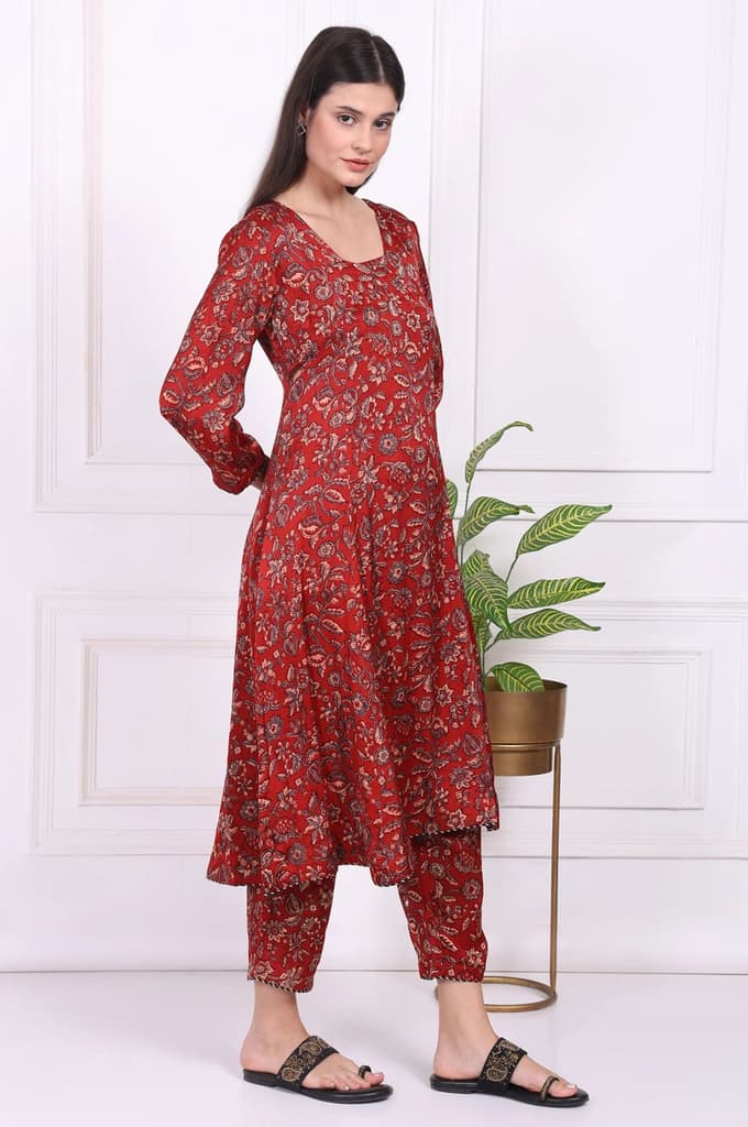 Red Floral Printed Modal Satin Straight Kurta, Pants and Dupatta Set — photo 6