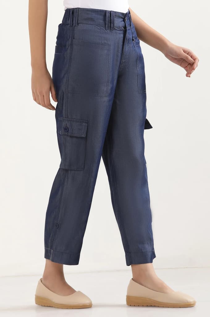 Blue Solid Straight Fit Lyocell Pants With Six Pockets — photo 5